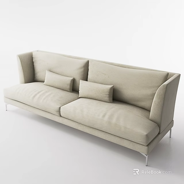 Modern Minimalist Light Beige Linen Fabric Two seater Sofa With Two Cushions And Metal Legs 3d model 
