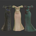 Elegant Off Shoulder Mermaid Dresses In Blue Pink Green With Flowy Hem