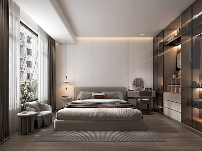 Modern Bedroom Interior Design With Large Bed Nightstand Table Lamp Floor-to-Ceiling Window And Glass Closet 3d model