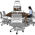 Oval Wooden Conference Table With White Office Chairs Laptop Display Stand And Working Person