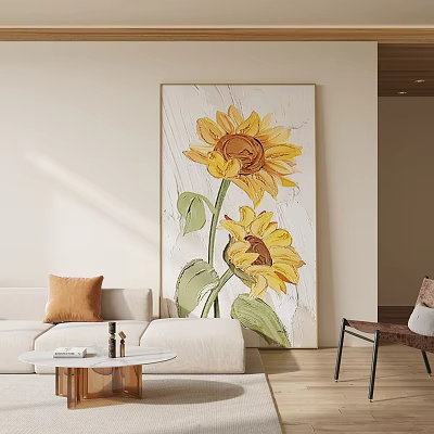 Sunflower Botanical Painting With Yellow Petals Green Leaves In Modern Living Room Wall Decor 3d model