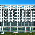 Modern High Rise Office Building With Glass Curtain Wall And Retail Spaces At Base