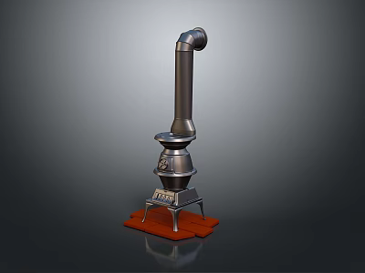 Metal Stove Structure With Tall Chimney And Red Base Stand 3d model