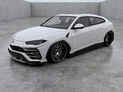 White Sporty SUV Car With Large Black Accented Wheels In Indoor Gray Floor And Walls 3d model