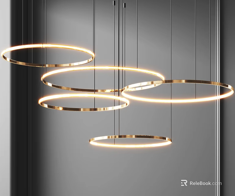Minimalist Modern Hanging Chandelier With Multiple Illuminated Metallic Circular Rings 3d model 