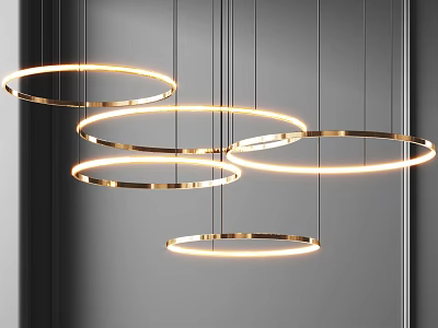 Minimalist Modern Hanging Chandelier With Multiple Illuminated Metallic Circular Rings 3d model