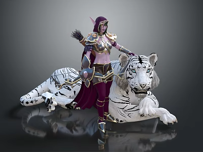 Elf Warrior in Purple Armor Holding Weapon Standing Beside White Tiger With Black Stripes 3d model