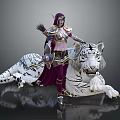 Elf Warrior in Purple Armor Holding Weapon Standing Beside White Tiger With Black Stripes