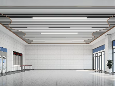 Modern Station Interior Design With Ceiling Lighting White Walls Glass Doors And Spacious Floor 3d model