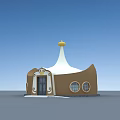 Unique Brown Building With White Roof Golden Dome Black Door And Round Windows
