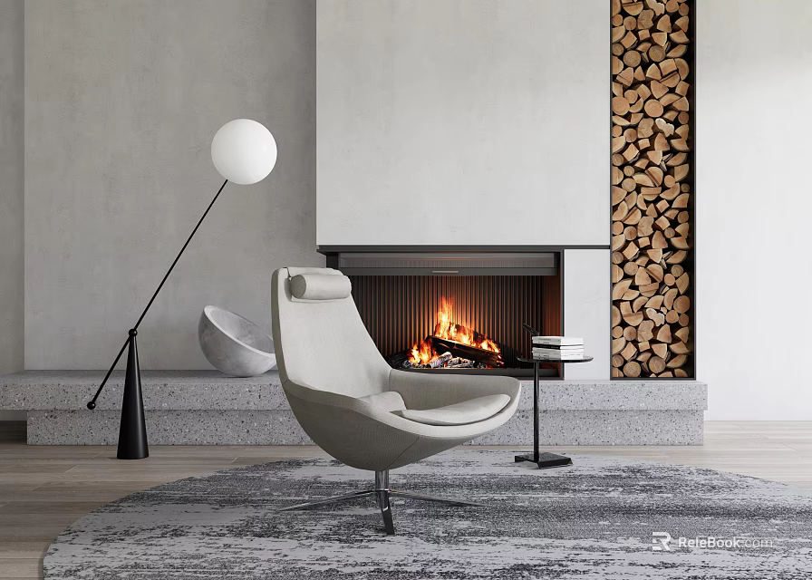 Modern Accent Chair in Cozy Corner with Fireplace Burning Fire Stacked Firewood and Floor Lamp 3d model 