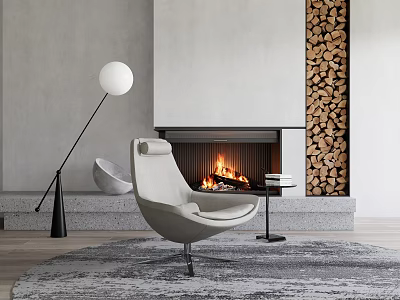Modern Accent Chair in Cozy Corner with Fireplace Burning Fire Stacked Firewood and Floor Lamp 3d model