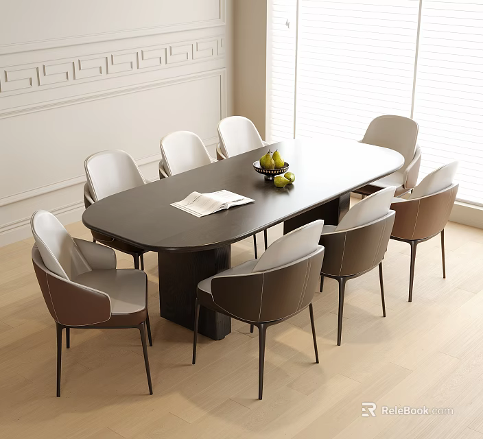 Modern Dining Table And Leather Chairs Set With Fruit Bowl And Book In Bright Room 3d model 