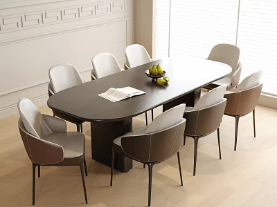 Modern Dining Table And Leather Chairs Set With Fruit Bowl And Book In Bright Room 3d model