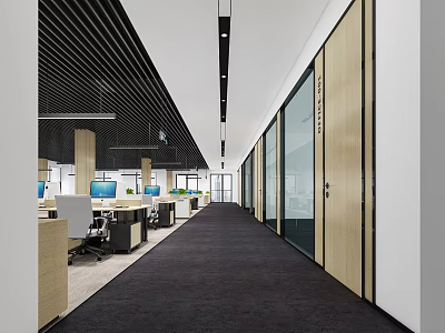 Modern Office Corridor With Glass Partitions Wooden Panels Black Carpet And Ceiling Lights 3d model