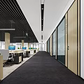 Modern Office Corridor With Glass Partitions Wooden Panels Black Carpet And Ceiling Lights