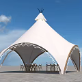 Outdoor White Tent Structure With Decorative Arch And Dining Tables Chairs On Stone Pavement