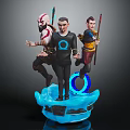 Three Fantasy Characters With Weapons Standing On Blue Platform And Central Blue Ring Figure