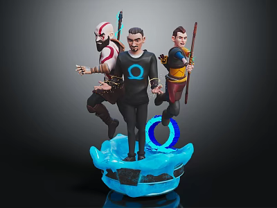 Three Fantasy Characters With Weapons Standing On Blue Platform And Central Blue Ring Figure 3d model