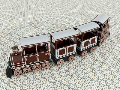 Wooden Toy Train With Brown And White Carriages On Patterned Floor 3d model