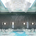 Elegant Banquet Hall With Unique Ceiling Design Textured Walls And Arranged Tables Chairs