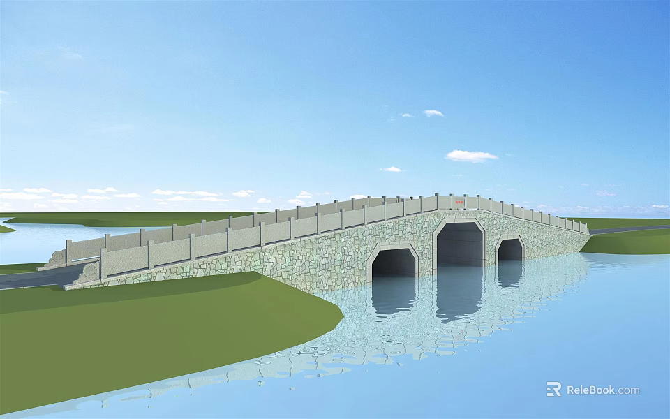 Ancient Stone Arch Bridge Spanning Calm Water With Green Grass Banks And Blue Sky Background 3d model 