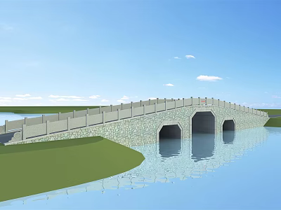Ancient Stone Arch Bridge Spanning Calm Water With Green Grass Banks And Blue Sky Background 3d model