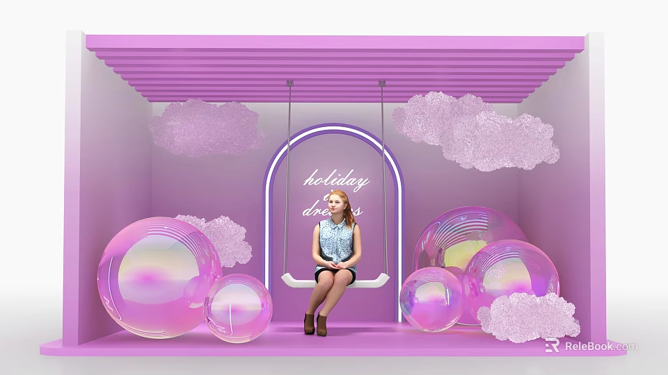 Purple Photo Check in Spot With Cloud Decor Neon Sign Swing And Transparent Bubble Balls 3d model 