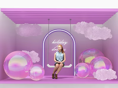 Purple Photo Check in Spot With Cloud Decor Neon Sign Swing And Transparent Bubble Balls 3d model