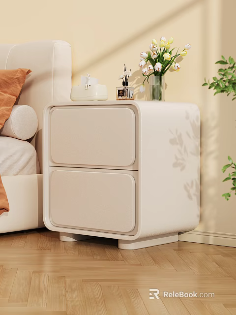Modern Beige Bedside Table with Drawers Perfume Bottle and Flower Vase Next to Bed 3d model 