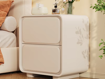Modern Beige Bedside Table with Drawers Perfume Bottle and Flower Vase Next to Bed 3d model