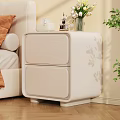 Modern Beige Bedside Table with Drawers Perfume Bottle and Flower Vase Next to Bed