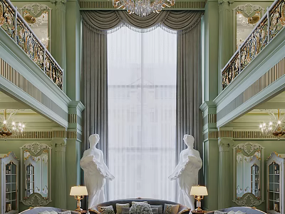 Luxurious Duplex Living Room With Green Walls Large Window Chandelier And White Statues 3d model