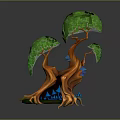 Cartoon Tree Scene With Green Leaves Orange Trunks Multiple Branches And Blue Mushrooms