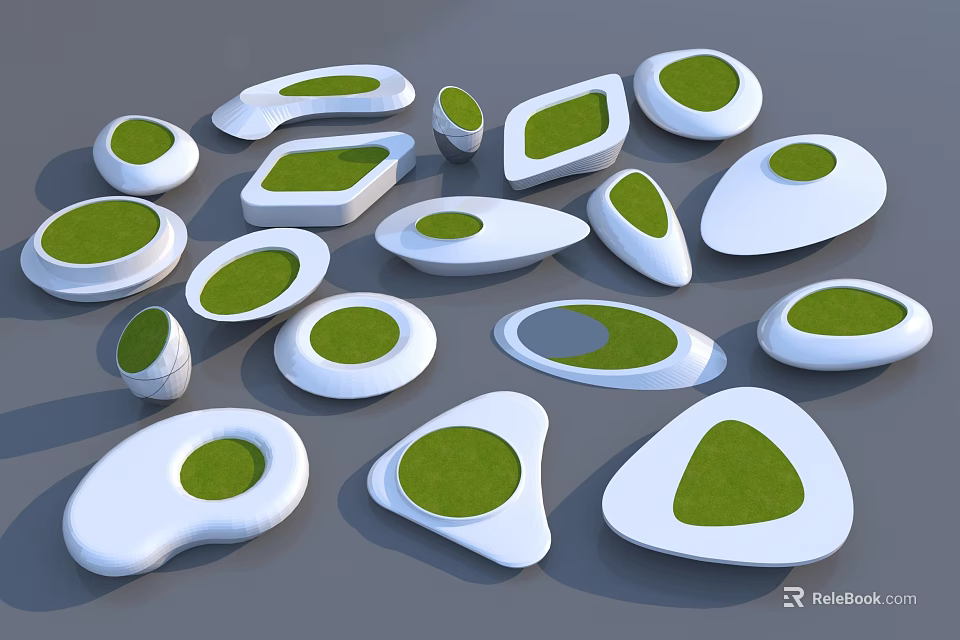 White Irregular Shaped Decorative Objects With Green Circular Areas On Gray Background 3d model