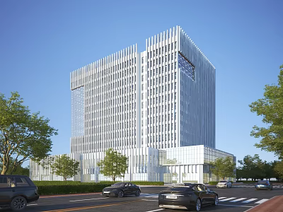 Modern Office Building With Glass Curtain Wall And Trees Around Urban Area 3d model