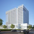 Modern Office Building With Glass Curtain Wall And Trees Around Urban Area