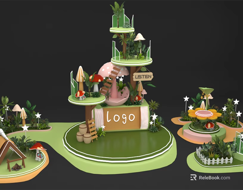 Enchanted Fantasy Scene With Multi Level Platform Mushroom Plants And LOGO Sign 3d model 