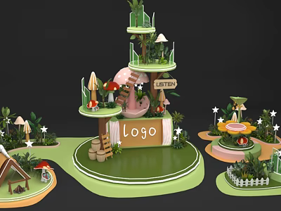 Enchanted Fantasy Scene With Multi Level Platform Mushroom Plants And LOGO Sign 3d model