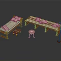 Single Beds With Striped Mattresses Golden Frames Small Stool Round Table And Floor Lamp