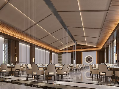 Modern Elegant Banquet Hall Interior With Spacious Tables Chairs And Chandeliers 3d model