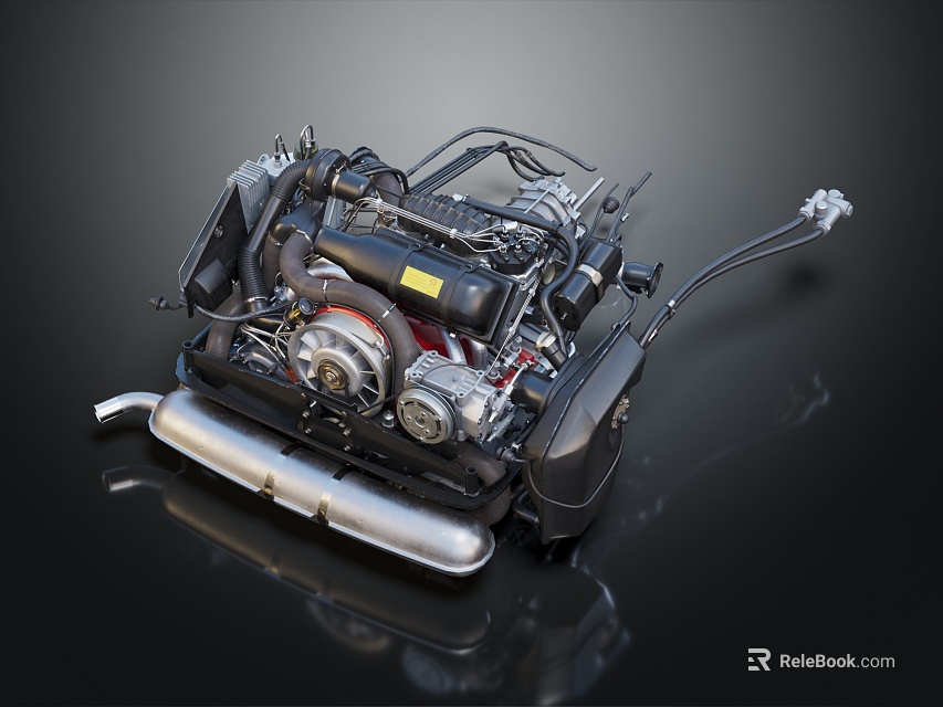 Detailed Automotive Engine with Complex Metallic Parts Pipes and Exhaust 3d model 
