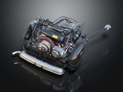 Detailed Automotive Engine with Complex Metallic Parts Pipes and Exhaust 3d model