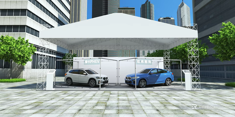 Outdoor Car Display Under White Tent With White And Blue Vehicles And City Buildings 3d model 