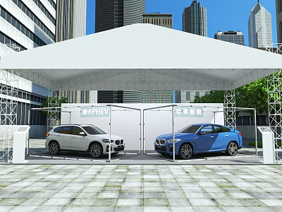 Outdoor Car Display Under White Tent With White And Blue Vehicles And City Buildings 3d model