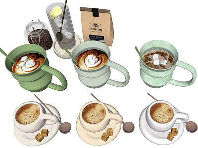 Various Coffee Beverages in Colored Mugs with Latte Art Lemon Slice Coffee Beans and Sugar 3d model