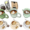Various Coffee Beverages in Colored Mugs with Latte Art Lemon Slice Coffee Beans and Sugar