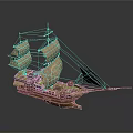 3D Model Of Ancient Sailing Ship With Multiple Sails Wooden Hull And Decorative Details