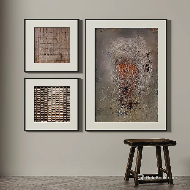 Three Framed Abstract Paintings As Modern Wall Art With Textured Neutral Tones 3d model 