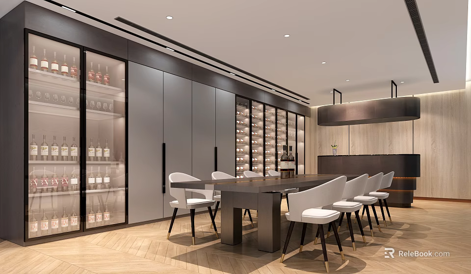 Modern Wine Cellar Interior With Glass Wine Cabinets And Dining Table 3d model